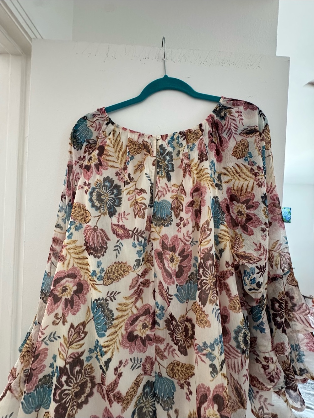 LOFT Cream Floral Peasant Blouse with Teal & Mauve Accents - Picture 3 of 5